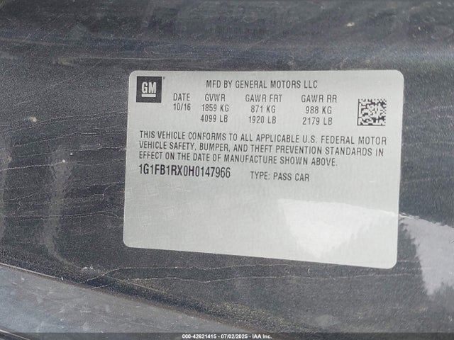 1G1FB1RX0H0147966 Chevrolet ltg - sidi: spark ignited direct injection, vvt: variable valve timing, alum dohc, dcvcp turbo, e0-e100, alum