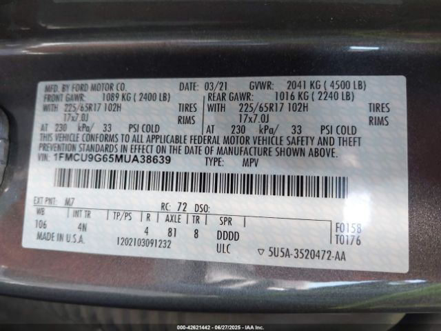 2021 FORD ESCAPE 1FMCU9G65MUA38639 Photo 8