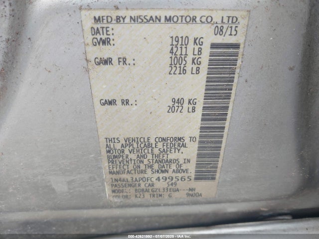 Nissan Altima 2015 1N4AL3AP0FC499565 Image 9