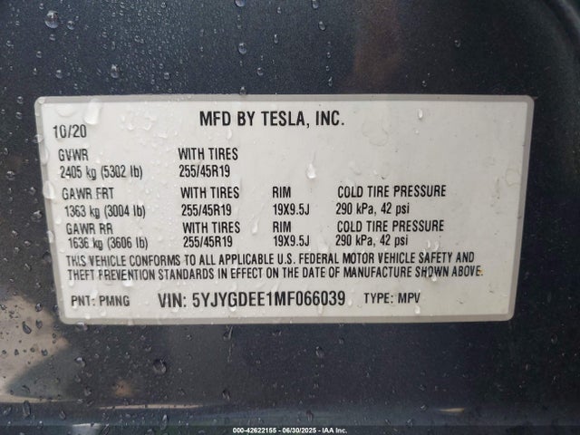 2021 TESLA MODEL Y 5YJYGDEE1MF066039 Photo 8