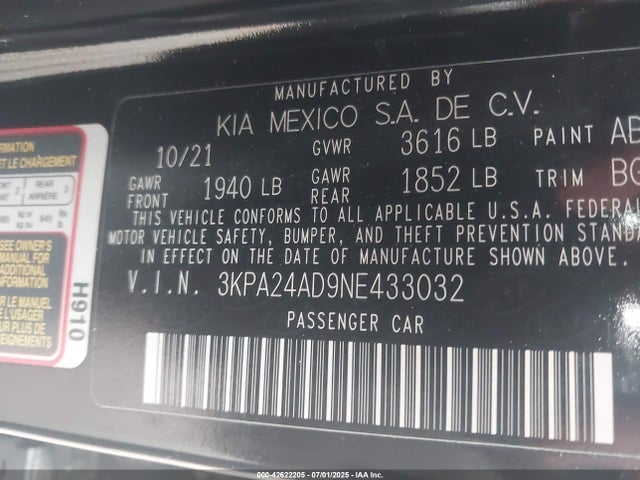 3KPA24AD9NE433032 KIA mpi gamma ii