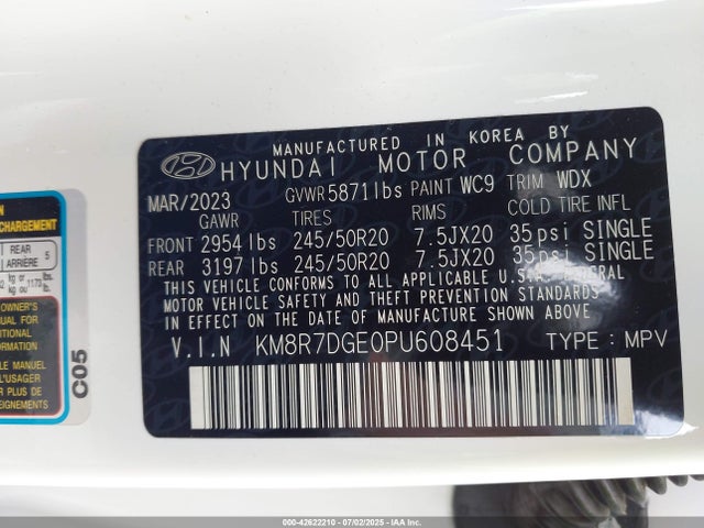 2023 Hyundai Palisade Calligraphy მანქანა იყიდება აუქციონზე, vin: KM8R7DGE0PU608451, აუქციონის ნომერი: 42622210