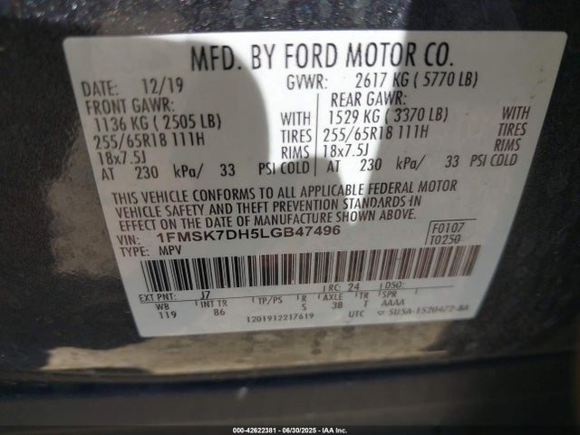 Продаж на аукціоні авто 2020 Ford Explorer Xlt, vin: 1FMSK7DH5LGB47496, номер лоту: 42622381