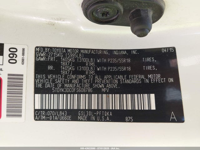 Toyota 2gr-fks 2015 5TDYK3DC0FS608786 Image 9
