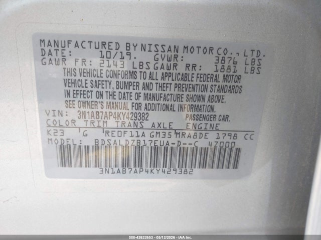 Aukcja sprzedaży 2019 Nissan Sentra Sv, vin: 3N1AB7AP4KY429382, numer aukcji: 42622653