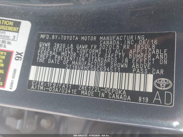 2T1BURHE5GC694511 Toyota 2zr-fe