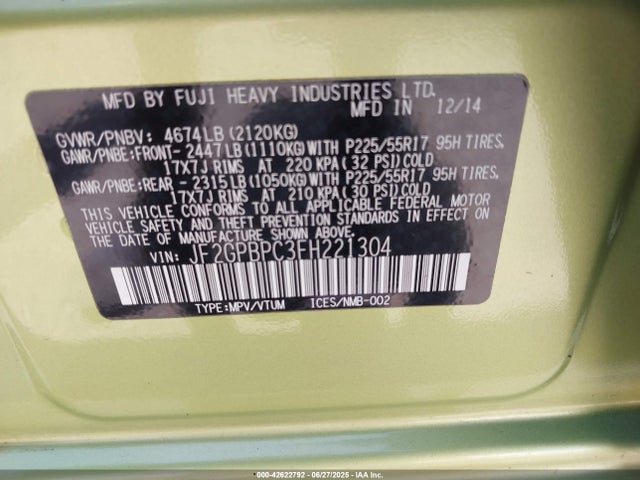 JF2GPBPC3FH221304 Subaru 2.0l naturally aapirated hev
