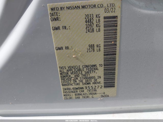 Продажа на аукционе авто 2022 Nissan Altima Sv Intelligent Awd, vin: 1N4BL4DW0NN355272, номер лота: 42623306