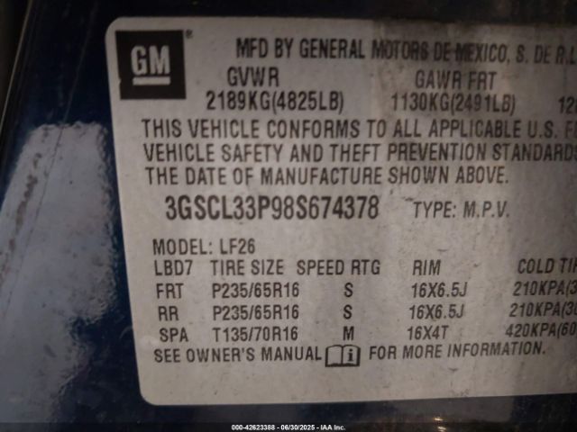2008 SATURN VUE 3GSCL33P98S674378 Photo 8