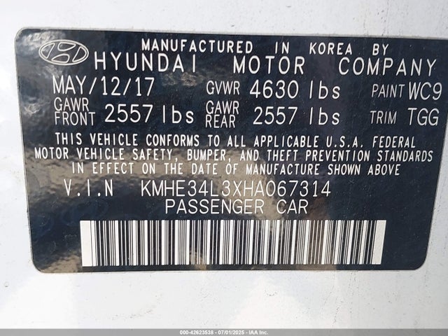 2017 Hyundai Sonata Hybrid Limited მანქანა იყიდება აუქციონზე, vin: KMHE34L3XHA067314, აუქციონის ნომერი: 42623538