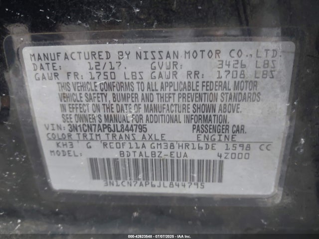 3N1CN7AP6JL844795 Nissan 2018