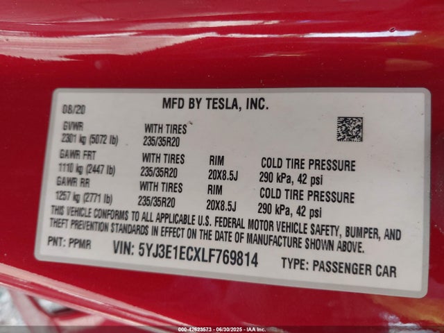 2020 TESLA MODEL 3 5YJ3E1ECXLF769814 Photo 8