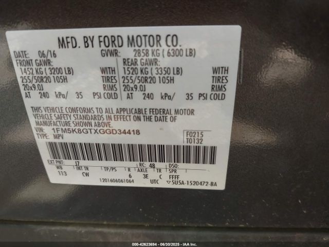 2016 FORD EXPLORER 1FM5K8GTXGGD34418 Photo 8