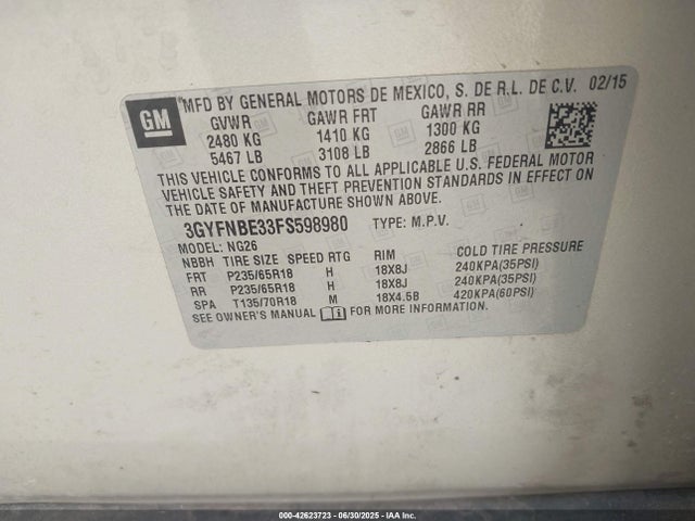 2015 CADILLAC SRX 3GYFNBE33FS598980 Photo 8