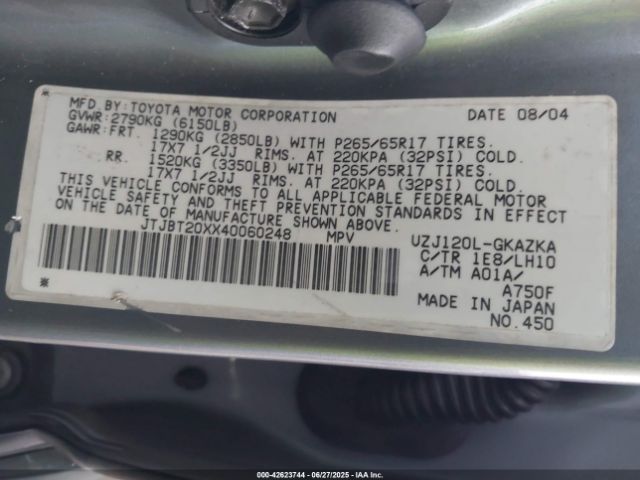 2004 LEXUS GX 470 JTJBT20XX40060248 Photo 8
