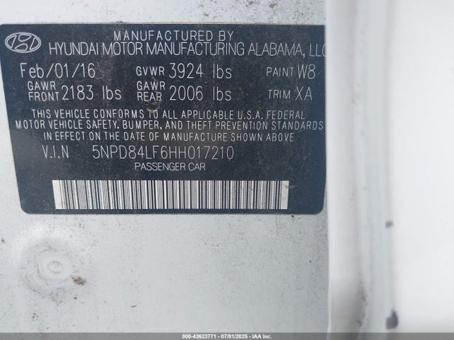5NPD84LF6HH017210 Hyundai 2017