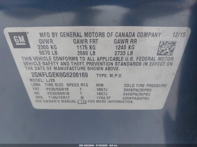 Aukcja sprzedaży 2016 Chevrolet Equinox Ltz, vin: 2GNFLGEK8G6208169, numer aukcji: 42623846