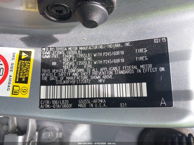 Продаж на аукціоні авто 2015 Toyota Highlander Xle V6, vin: 5TDJKRFH9FS135872, номер лоту: 42623933