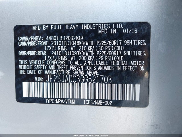 Subaru naturally aspirated u5 2016 JF2SJADC3GG521703 Image 9