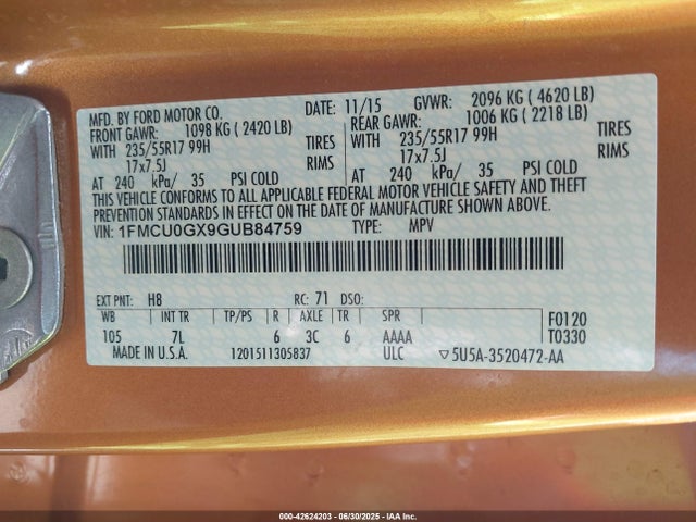 1FMCU0GX9GUB84759 Ford 2016