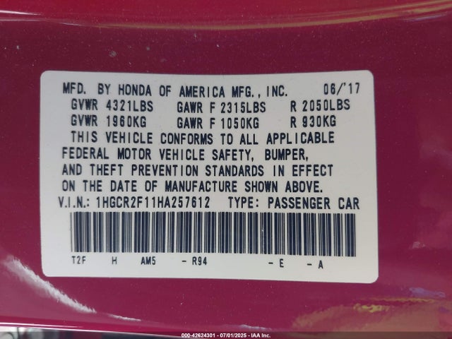 1HGCR2F11HA257612 Honda Accord Sport Se