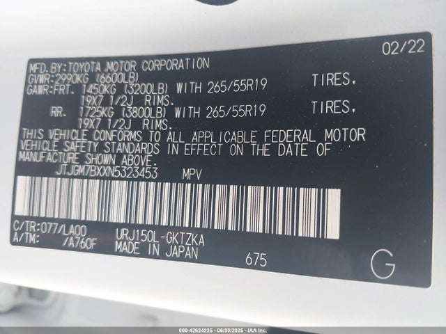 JTJGM7BXXN5323453 Lexus 1ur-fe