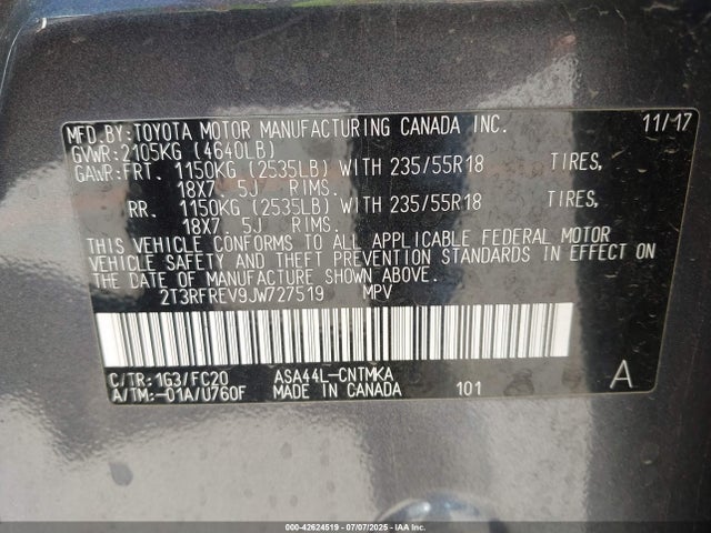 2T3RFREV9JW727519 Toyota 2ar-fe