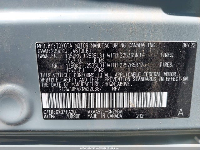 2T3W1RFV7NW220687 Toyota a25a-fks
