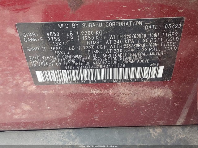 4S4BTANC8R3111136 Subaru na, u5
