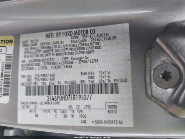 2020 FORD FUSION 3FA6P0HD7LR195277 Photo 8