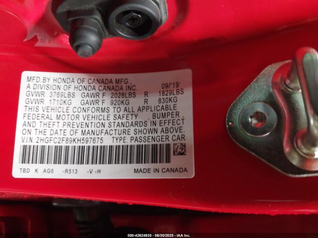 2019 HONDA CIVIC 2HGFC2F89KH597675 Photo 8