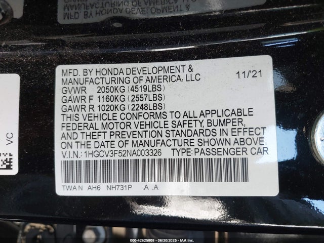 Honda Accord 2022 1HGCV3F52NA003326 Image 22