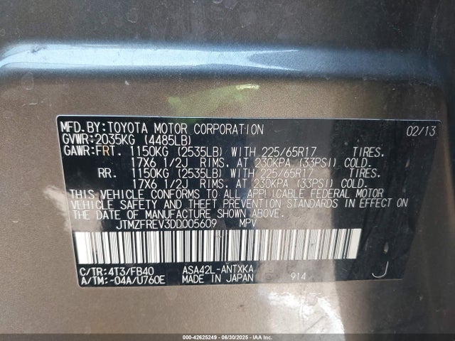 Auction sale of the 2013 Toyota Rav4 Le, vin: JTMZFREV3DD005609, lot number: 42625249