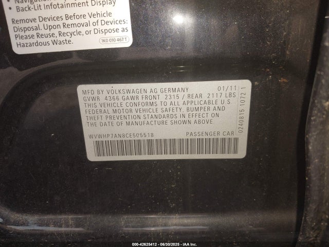 42625412 :رقم المزاد ، WVWHP7AN8CE505518 vin ، 2012 Volkswagen Cc Lux Plus مزاد بيع