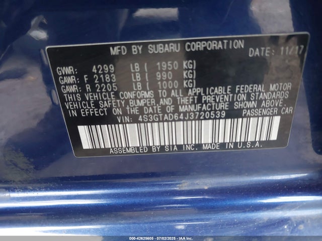 2018 Subaru Impreza 2.0i Premium მანქანა იყიდება აუქციონზე, vin: 4S3GTAD64J3720539, აუქციონის ნომერი: 42625605