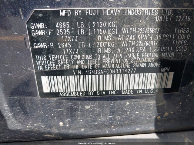Subaru u5 2017 4S4BSAFC0H3314277 Image 9
