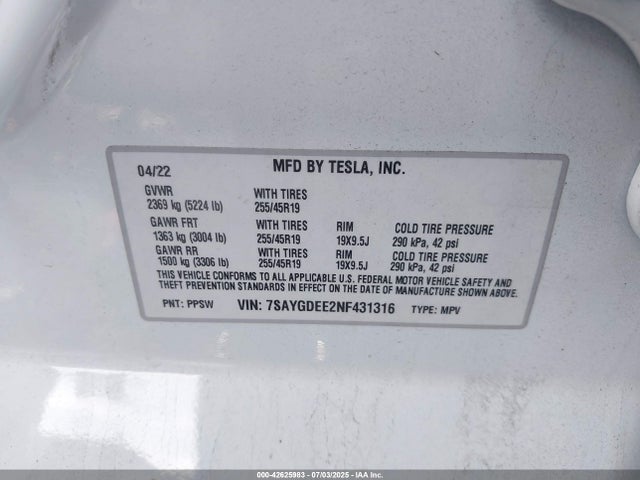 2022 TESLA MODEL Y 7SAYGDEE2NF431316 Photo 8
