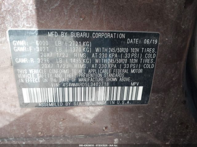 2020 SUBARU ASCENT 4S4WMARD5L3402718 Photo 8