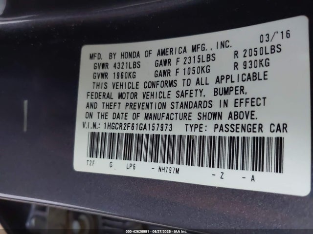 1HGCR2F61GA157973 Honda k24w1