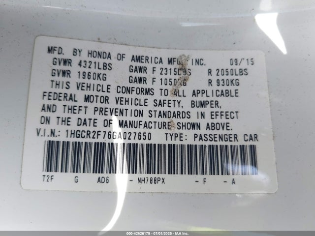 1HGCR2F76GA027650 Honda k24w1