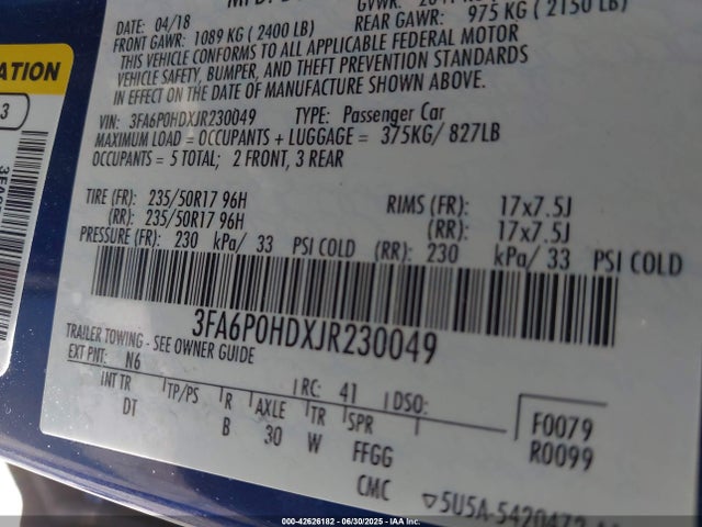 Продаж на аукціоні авто 2018 Ford Fusion Se, vin: 3FA6P0HDXJR230049, номер лоту: 42626182