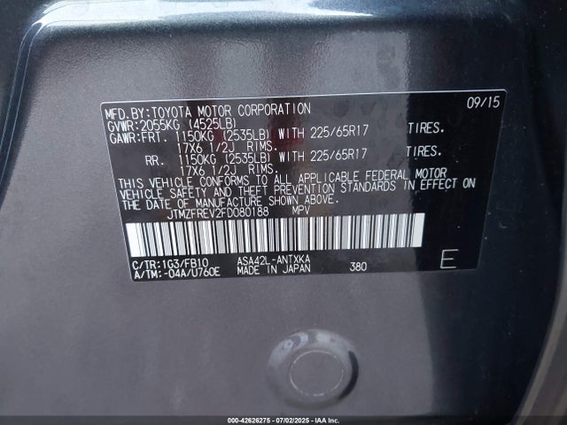 Toyota 2ar-fe 2015 JTMZFREV2FD080188 Image 9