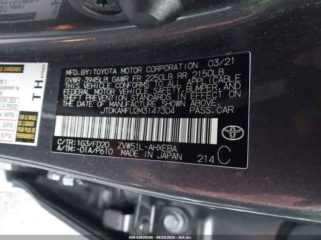 JTDKAMFU2M3147304 Toyota 2zr-fxe,1nm