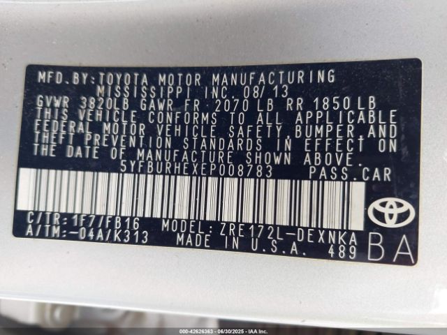 5YFBURHEXEP008783 Toyota 2zr-fe