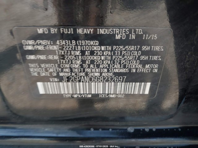 Subaru naturally aspirated 2016 JF2GPANC6G8232697 Image 9
