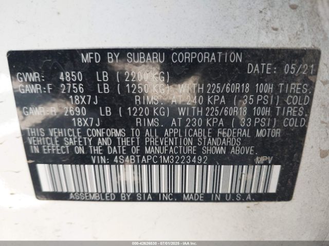 2021 SUBARU OUTBACK 4S4BTAPC1M3223492 Photo 8