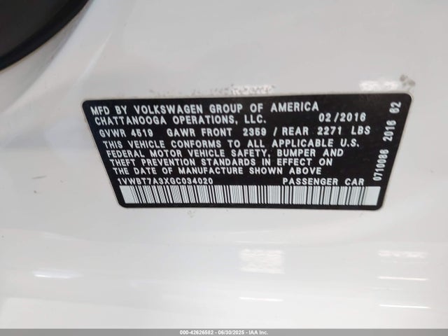 1VWBT7A3XGC034020 Volkswagen 2016