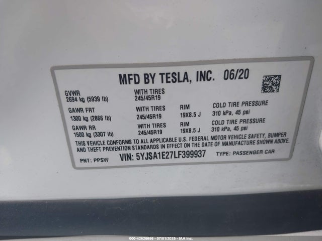 2020 TESLA MODEL S 5YJSA1E27LF399937 Photo 8