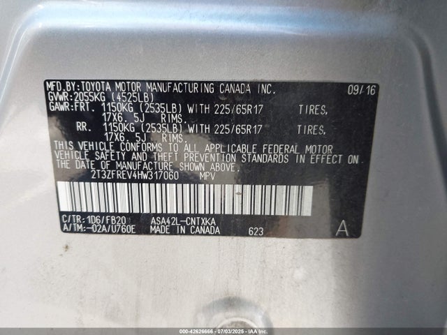 2T3ZFREV4HW317060 Toyota 2ar-fe