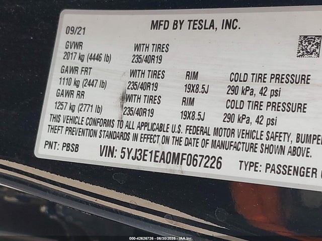 2021 TESLA MODEL 3 5YJ3E1EA0MF067226 Photo 8
